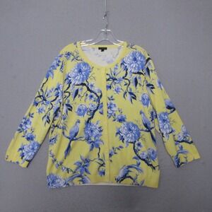 Talbots Cardigan XL Yellow Blue Floral Bird Thin Knit Timeless Spring Layer